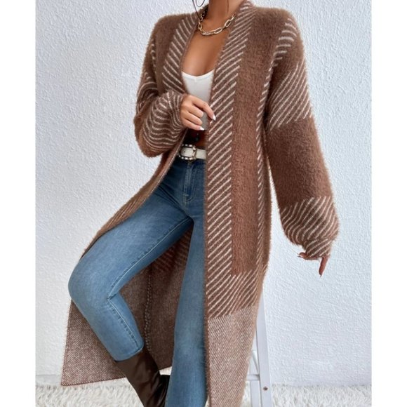 Open front striped print fuzzy sweater knit duster cardigan brown - Picture 6 of 6